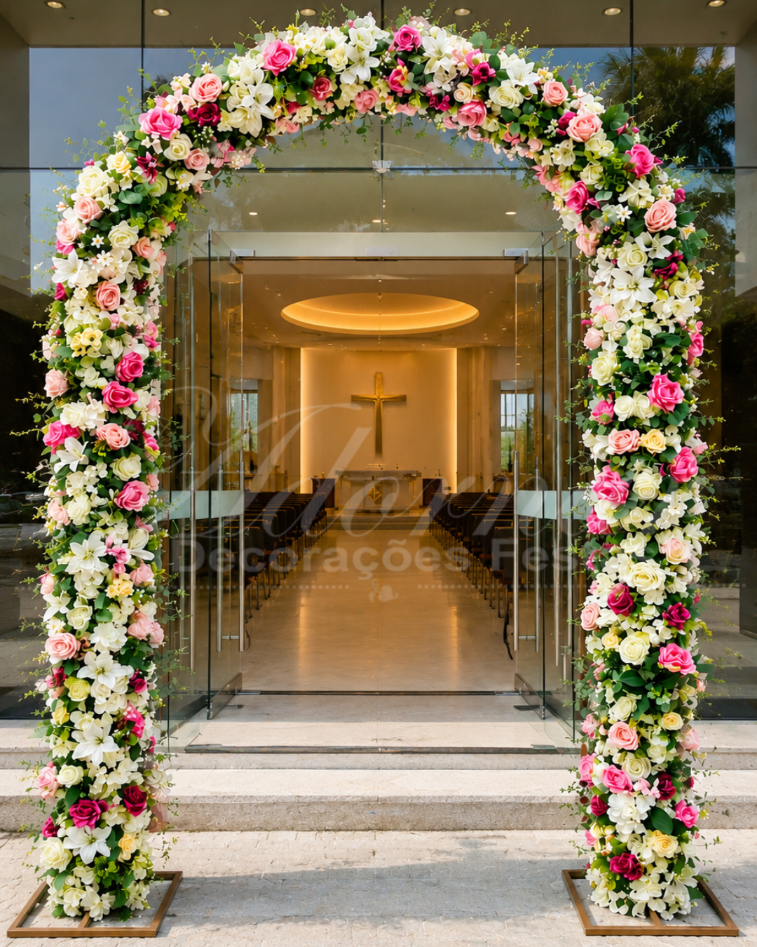 Arco floral elegante para altar de casamento com decoração romântica em flores mescladas rosa e branco para igrejas e salões de festas em SP